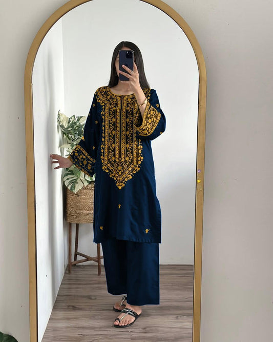 2 Pcs Women's Stitched Embroidered Shirt And Trouser