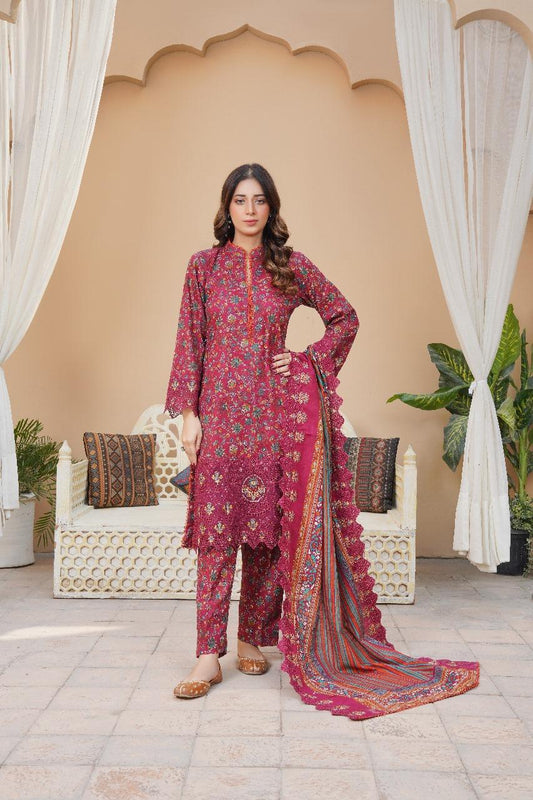 Maroon Embroidered Khaddar Suit - 3 Pcs Featuring Cut Work and Printed Design